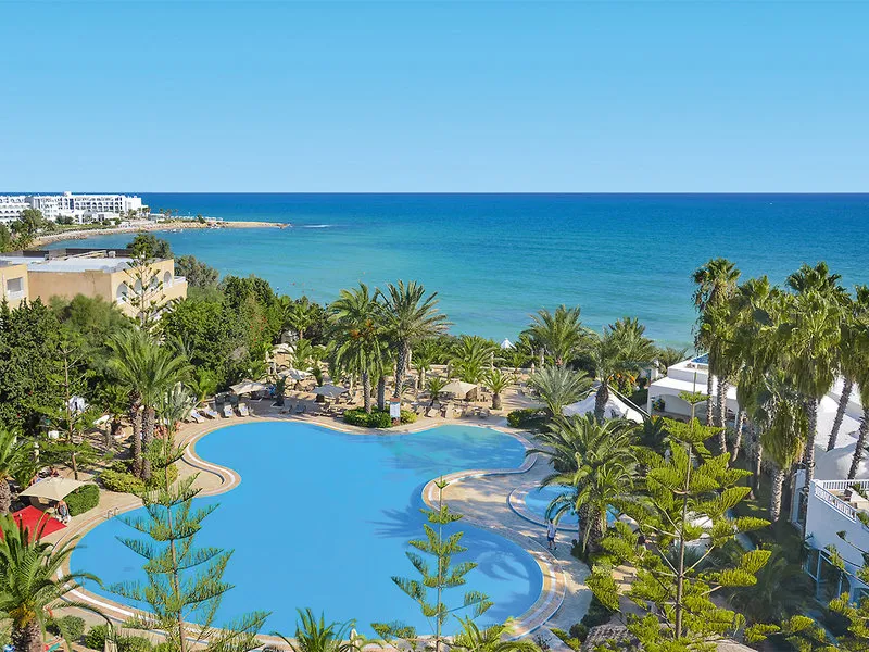 Pogled iz zraka na bazen, palme in modro morje